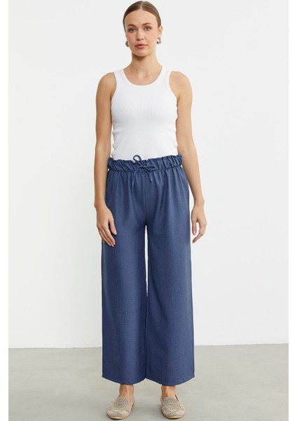 Bol Paça Beli Lastikli Pantolon - Indigo