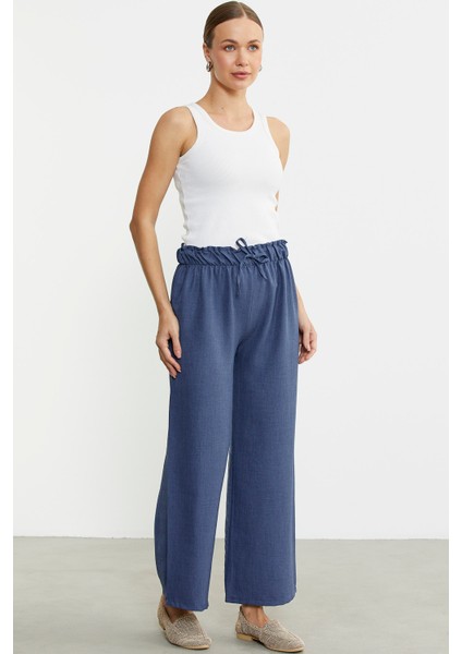 Bol Paça Beli Lastikli Pantolon - Indigo