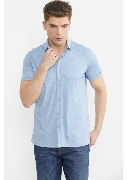 Slim Fit Baskılı Penye Gömlek - Mavi