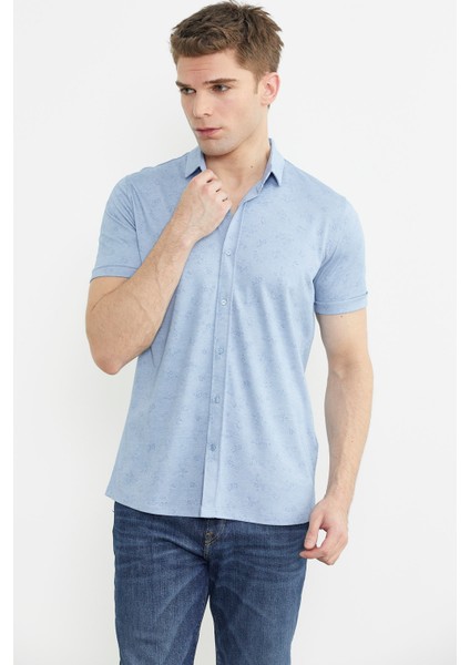 Slim Fit Baskılı Penye Gömlek - Mavi