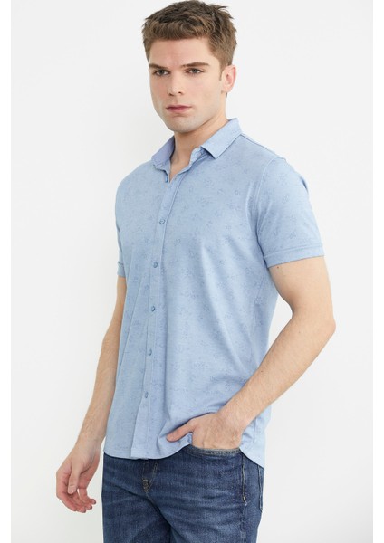 Slim Fit Baskılı Penye Gömlek - Mavi