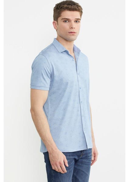 Slim Fit Baskılı Penye Gömlek - Mavi