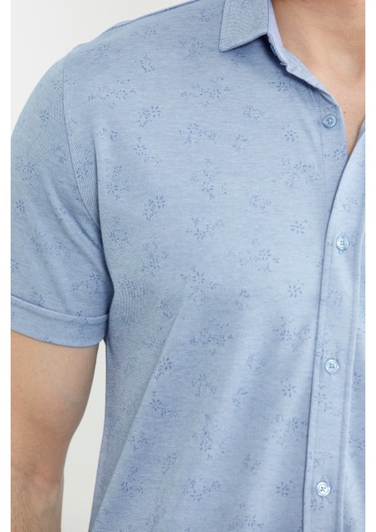 Slim Fit Baskılı Penye Gömlek - Mavi