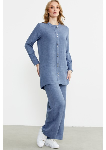 Keten Görünümlü Gömlek Pantolon Takım - Indigo fırsatları
