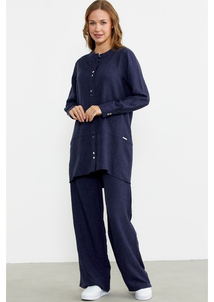 Keten Görünümlü Gömlek Pantolon Takım - Lacivert