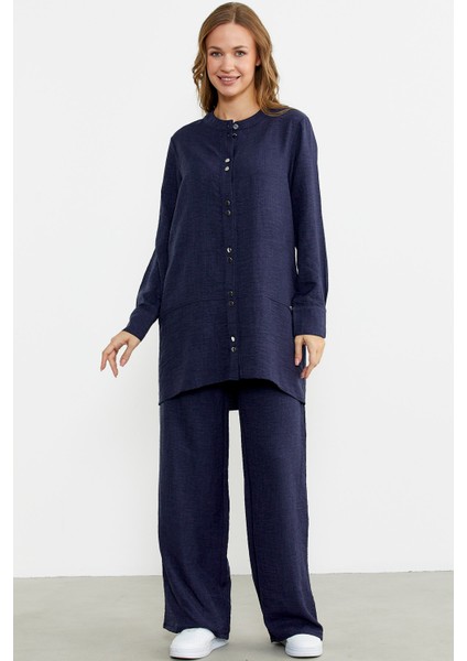 Keten Görünümlü Gömlek Pantolon Takım - Lacivert modelleri