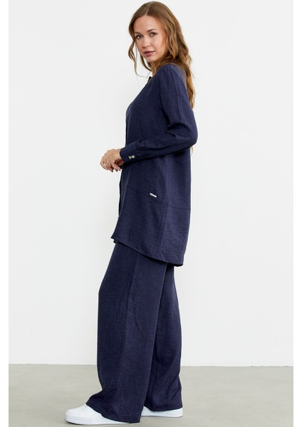 Keten Görünümlü Gömlek Pantolon Takım - Lacivert indirimleri