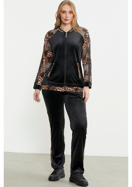 Leopar Kombinli Kadife Eşofman Takım - Siyah