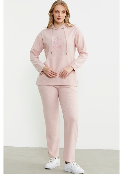 Kapüşonlu Oversize Eşofman Takım - Pembe