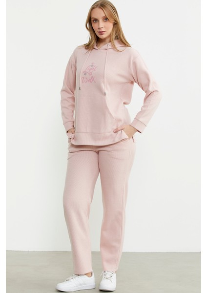 Kapüşonlu Oversize Eşofman Takım - Pembe