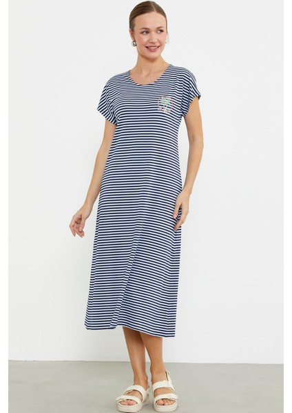 Nakış Detaylı Marine Penye Elbise - Lacivert fırsatları