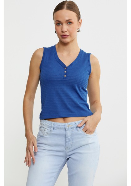 Kalın Askılı V Yaka Tişört - Saks