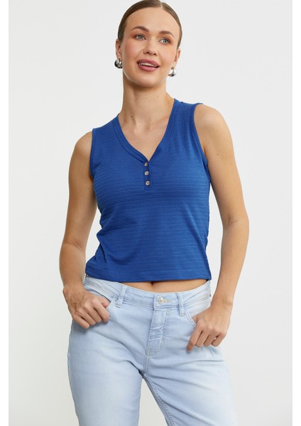 Kalın Askılı V Yaka Tişört - Saks modelleri