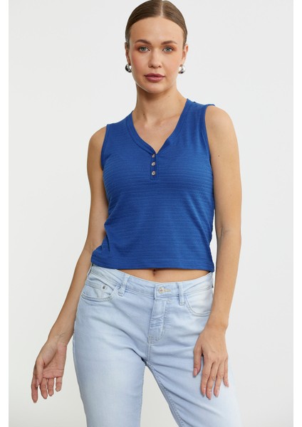 Kalın Askılı V Yaka Tişört - Saks fırsatları