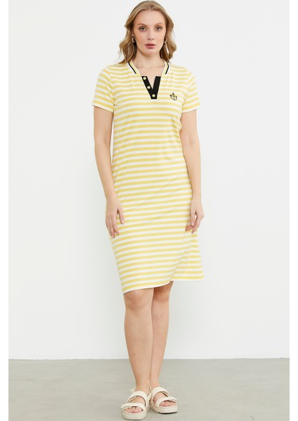 Marine Yaka Detaylı Penye Elbise - Sarı