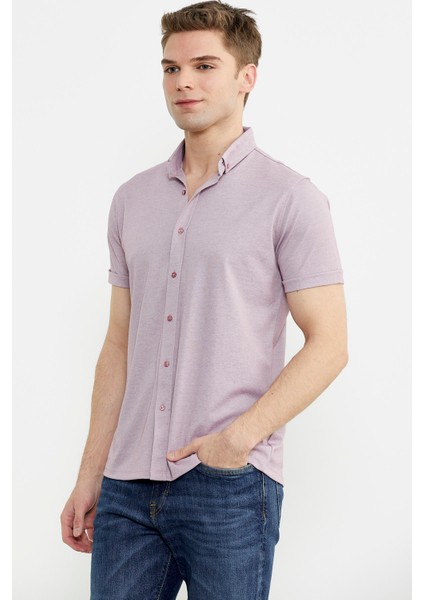 Kısa Kol Slim Fit Penye Gömlek - Açık Lila fırsatları