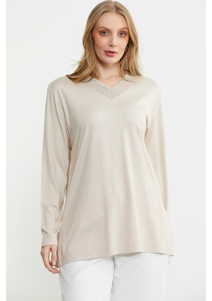 Uzun Kol V Triko Yaka Bluz - Taş