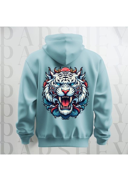 Tiger Büyük Sırt Baskılı Kapüşonlu Sweatshirt Hoodie Kalın Kumaş 3 Iplik Şardonlu