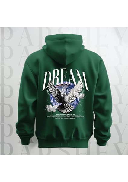 Dream Kanatlı Kuş Sırt Baskılı Kapüşonlu Oversize Sweatshirt Hoodie Kalın Kumaş 3 Iplik Şardonlu