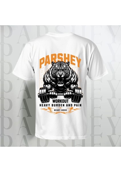 Gym Tiger Sırt Baskılı Bisiklet Yaka Pamuk Oversize T-Shirt Yarım Kollu