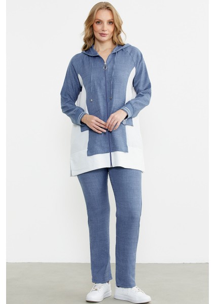 Keten Görünümlü Kapüşonlu Tunik Takım - Indigo