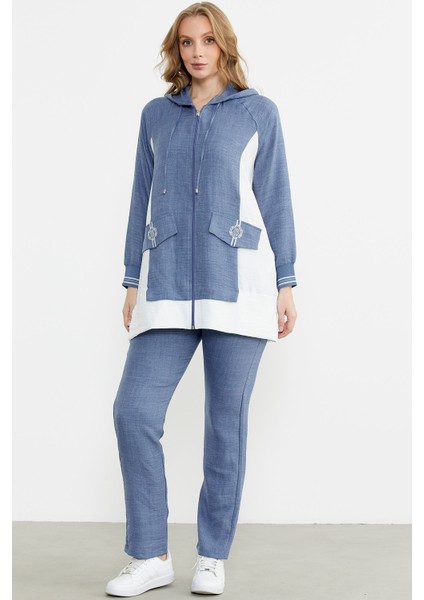 Keten Görünümlü Kapüşonlu Tunik Takım - Indigo