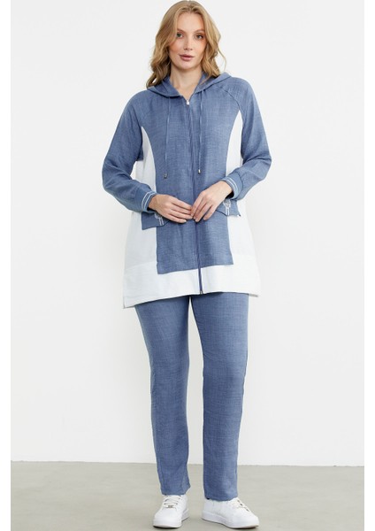 Keten Görünümlü Kapüşonlu Tunik Takım - Indigo