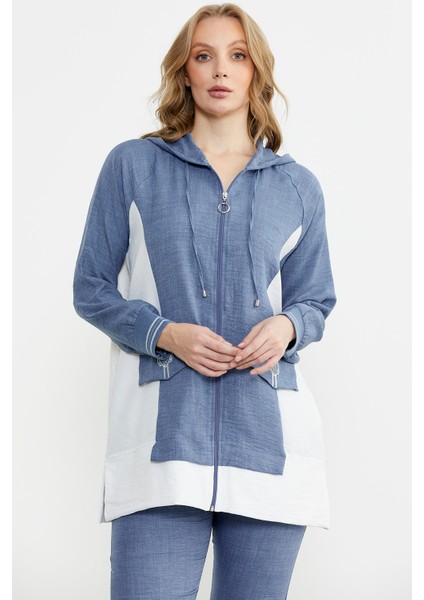 Keten Görünümlü Kapüşonlu Tunik Takım - Indigo