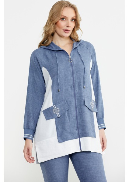 Keten Görünümlü Kapüşonlu Tunik Takım - Indigo