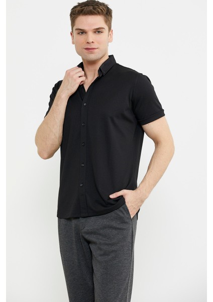 Kısa Kol Slim Fit Penye Gömlek - Siyah fiyatları