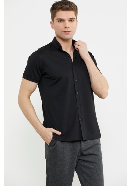Kısa Kol Slim Fit Penye Gömlek - Siyah modelleri