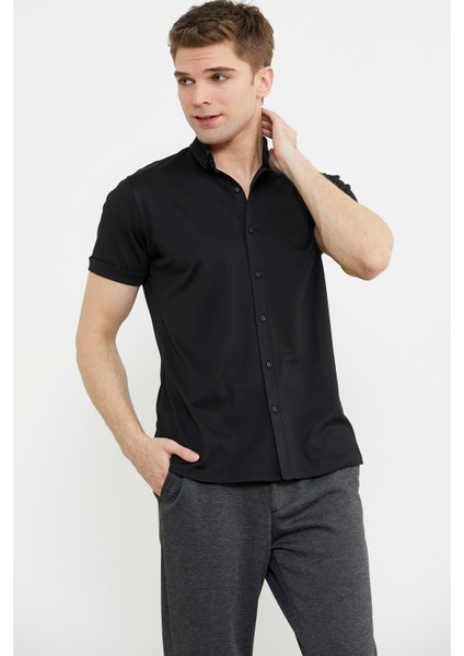 Kısa Kol Slim Fit Penye Gömlek - Siyah fırsatları