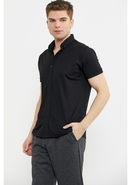 Kısa Kol Slim Fit Penye Gömlek - Siyah indirimleri