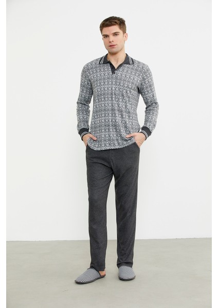 Yumuşak Dokulu Polo Yaka Pijama Takım - Antrasit