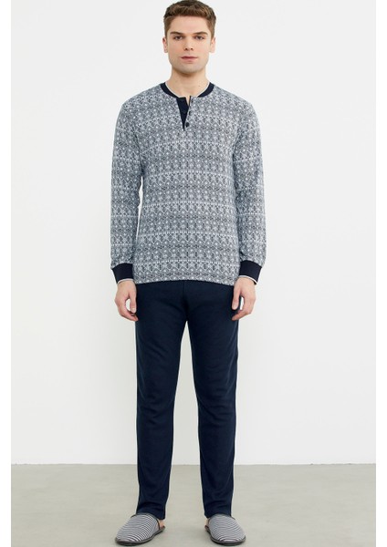 Desen Kombinli Örme Yaka Pijama Takım - Lacivert