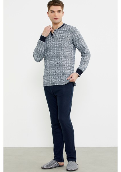 Desen Kombinli Örme Yaka Pijama Takım - Lacivert fırsatları