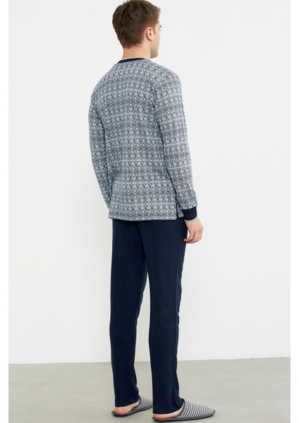 Desen Kombinli Örme Yaka Pijama Takım - Lacivert indirimleri