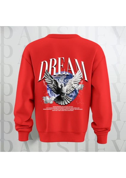 Dream Kuş Desenli Sırt Baskılı 3 Iplik Şardonlu Oversize Bisiklet Yaka Sweatshirt