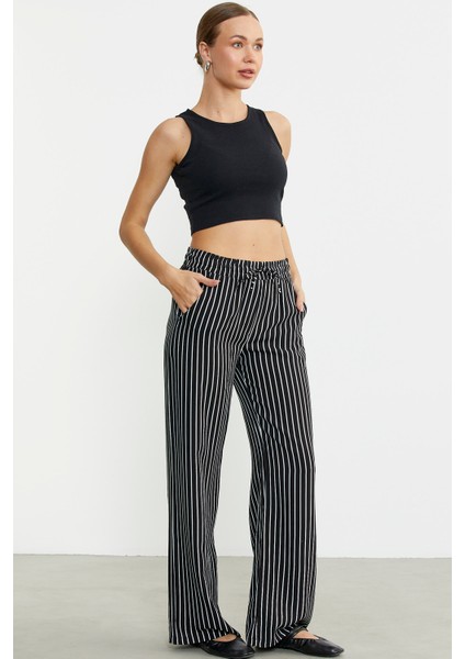 Çizgili Bol Kesim Viskon Pantolon - Siyah