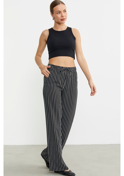 Çizgili Bol Kesim Viskon Pantolon - Siyah fiyatları