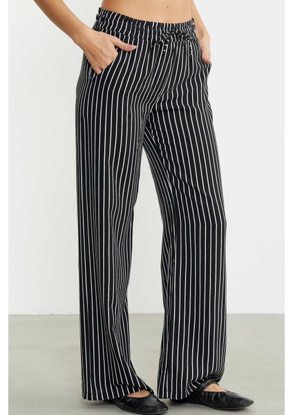 Çizgili Bol Kesim Viskon Pantolon - Siyah fırsatları