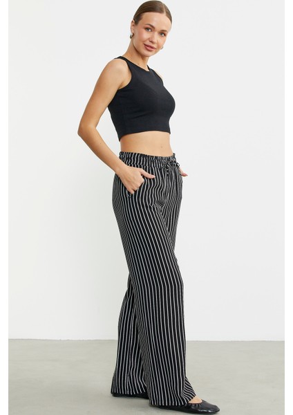 Çizgili Bol Kesim Viskon Pantolon - Siyah indirimleri