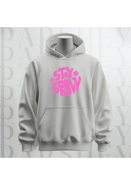 Stay Groovy Göğüs Baskılı Kapüşonlu Sweatshirt Hoodie Kalın Kumaş 3 Iplik Şardonlu