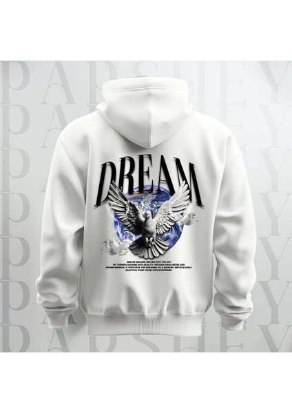 Dream Kanatlı Kuş Sırt Baskılı Kapüşonlu Oversize Sweatshirt Hoodie Kalın Kumaş 3 Iplik Şardonlu