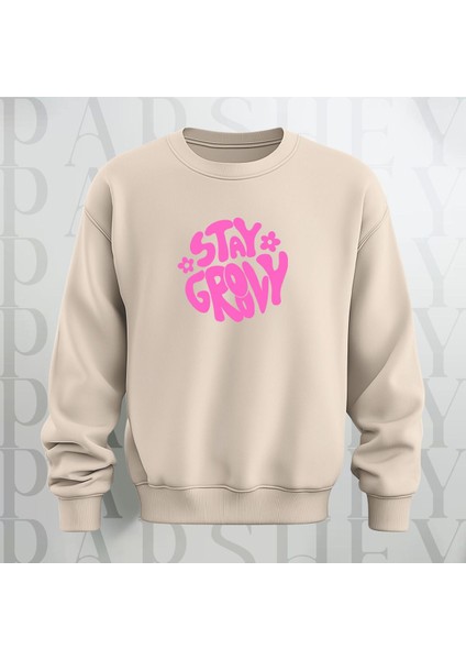 Stay Groovy Göğüs Baskılı Kalın Kumaş 3 Iplik Şardonlu Oversize Bisiklet Yaka Sweatshirt