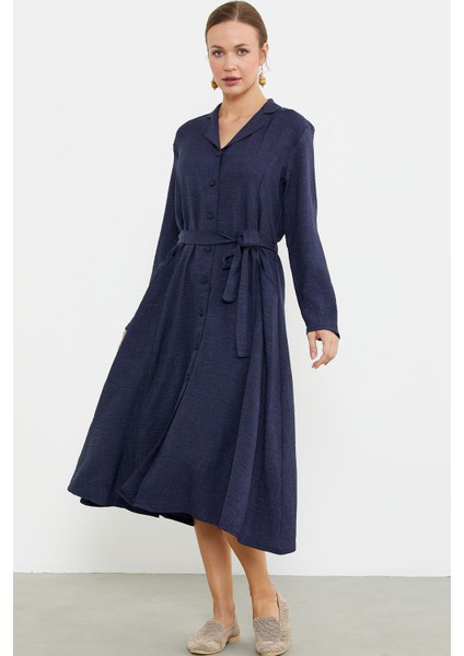 Keten Görünümlü Uzun Kol Gömlek Elbise - Lacivert