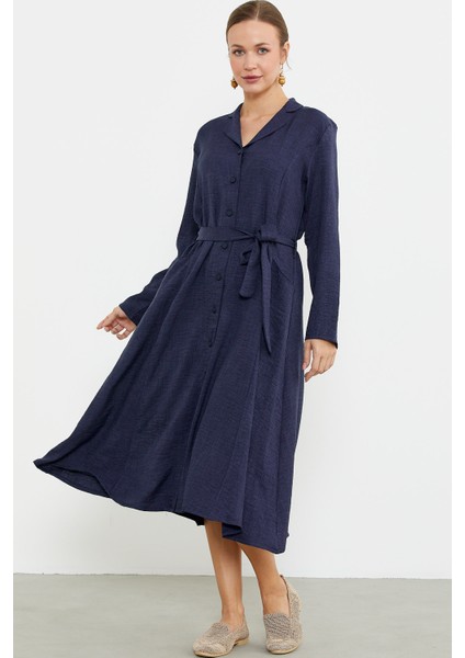 Keten Görünümlü Uzun Kol Gömlek Elbise - Lacivert fiyatları