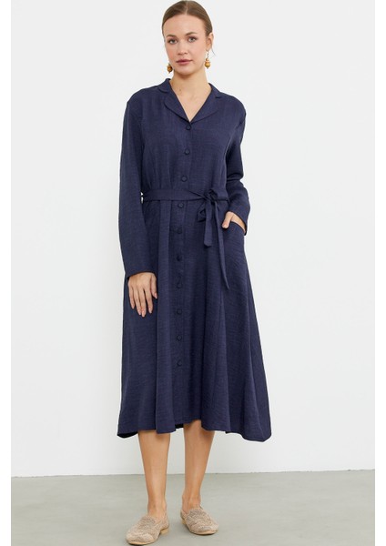 Keten Görünümlü Uzun Kol Gömlek Elbise - Lacivert modelleri