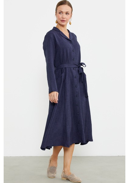 Keten Görünümlü Uzun Kol Gömlek Elbise - Lacivert fırsatları