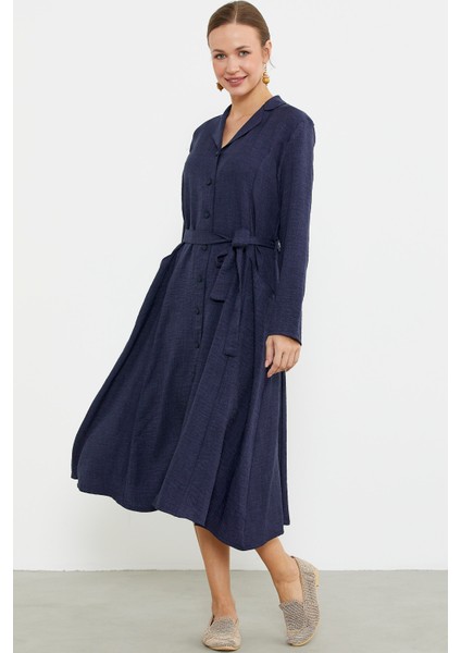 Keten Görünümlü Uzun Kol Gömlek Elbise - Lacivert indirimleri